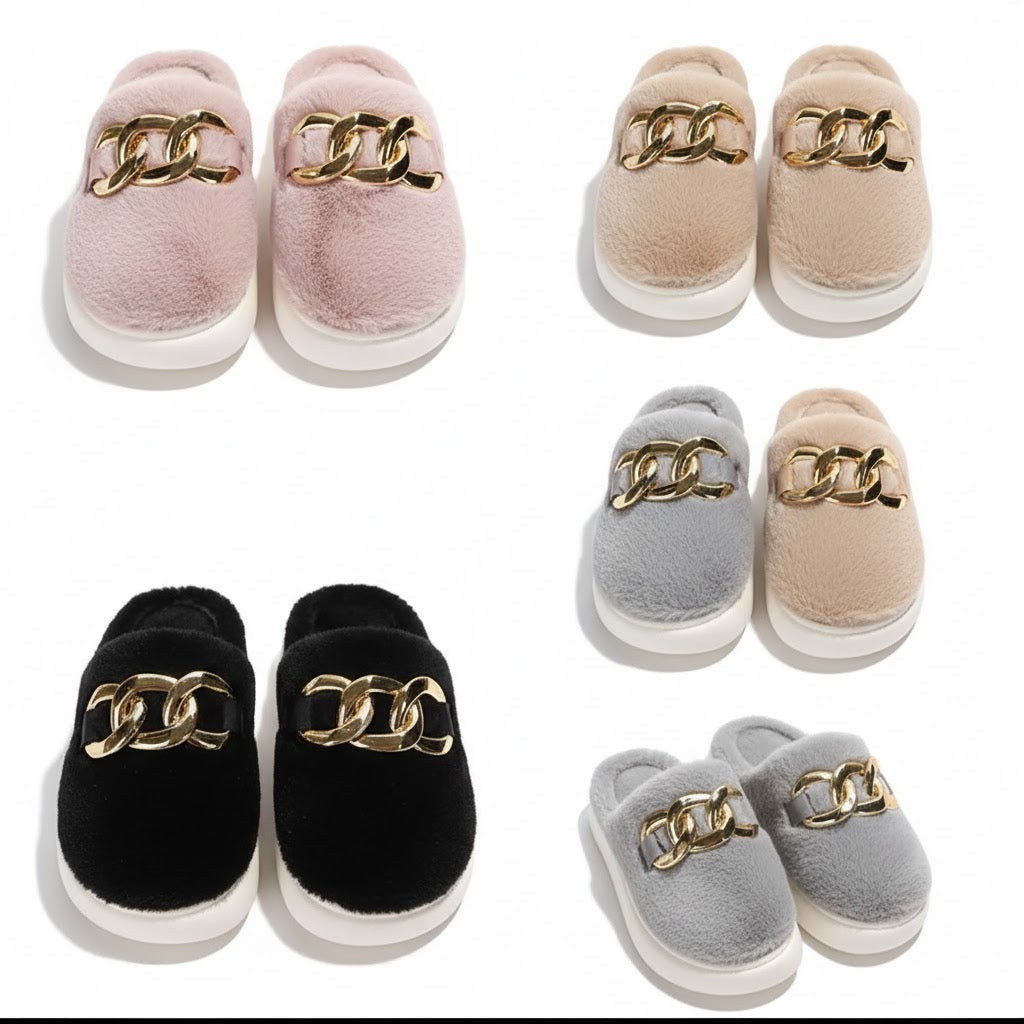 Plush Chain Slip-On Warm Home Slippers — Soft, Stylish & Ultra-Comfortable