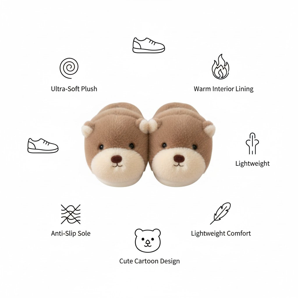 Cozy Bear Plush Slippers — 3D Cute Winter Indoor Warm Home Footwear