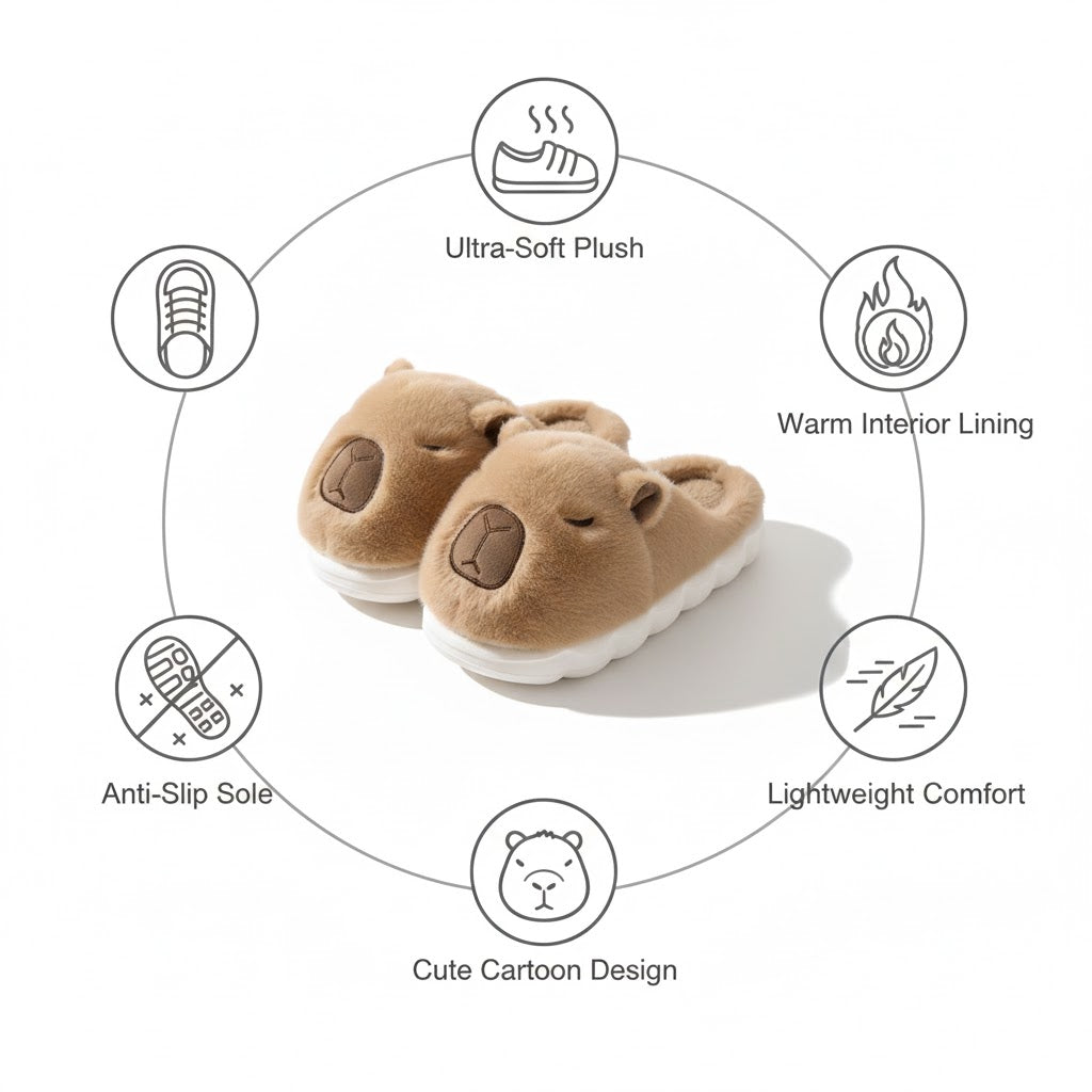 Cute Capybara Plush Winter Slippers – Ultra-Soft, Non-Slip, Warm Indoor Comfort Slides