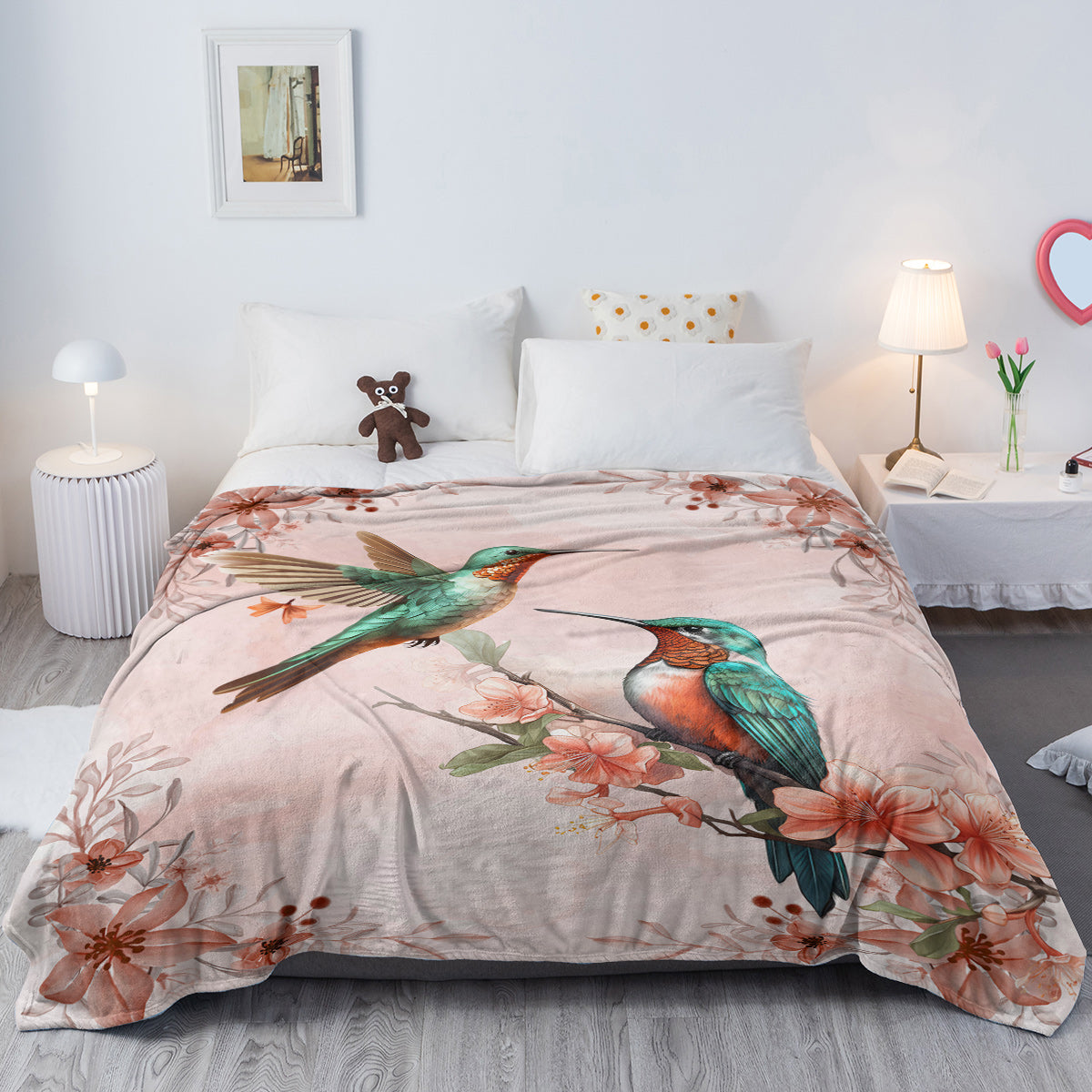 Hummingbird Floral Fleece Throw Blanket – Soft, Lightweight & Cozy Printed Throw for Couch, Bed, Office & Travel (3 Sizes)