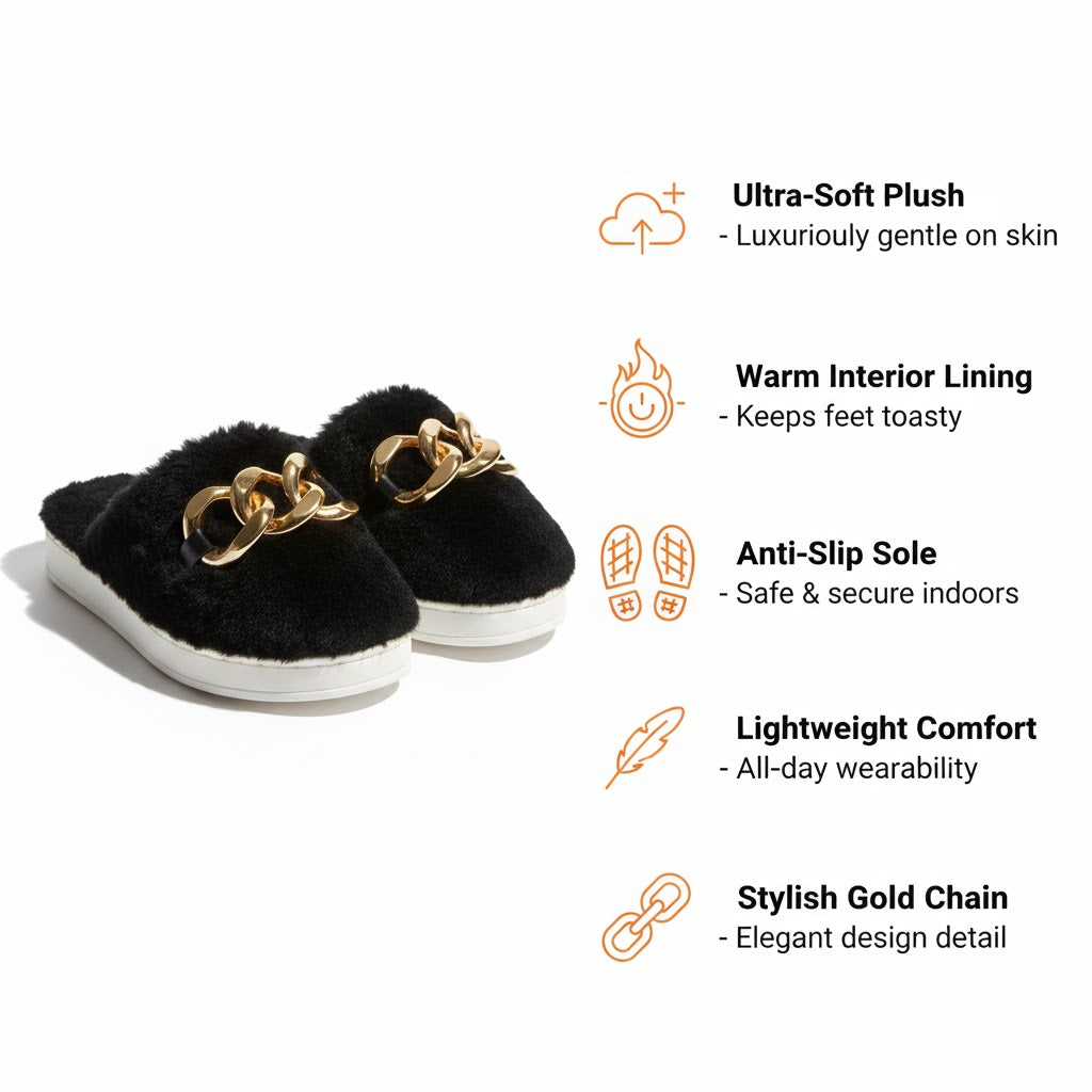 Plush Chain Slip-On Warm Home Slippers — Soft, Stylish & Ultra-Comfortable
