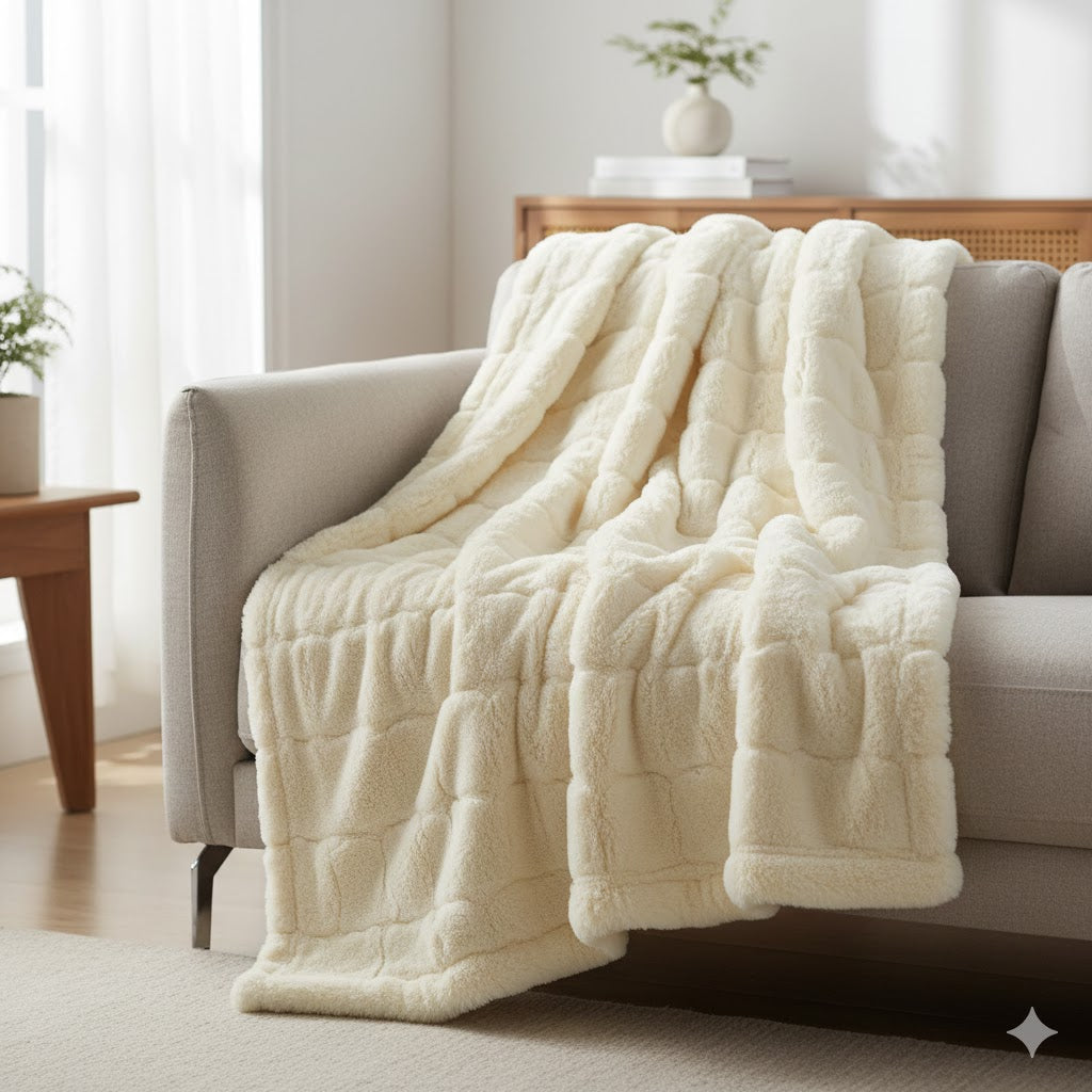 Luxury Bubble Fleece Throw – Ultra-Soft Faux Rabbit Fur Blanket for Couch & Bed