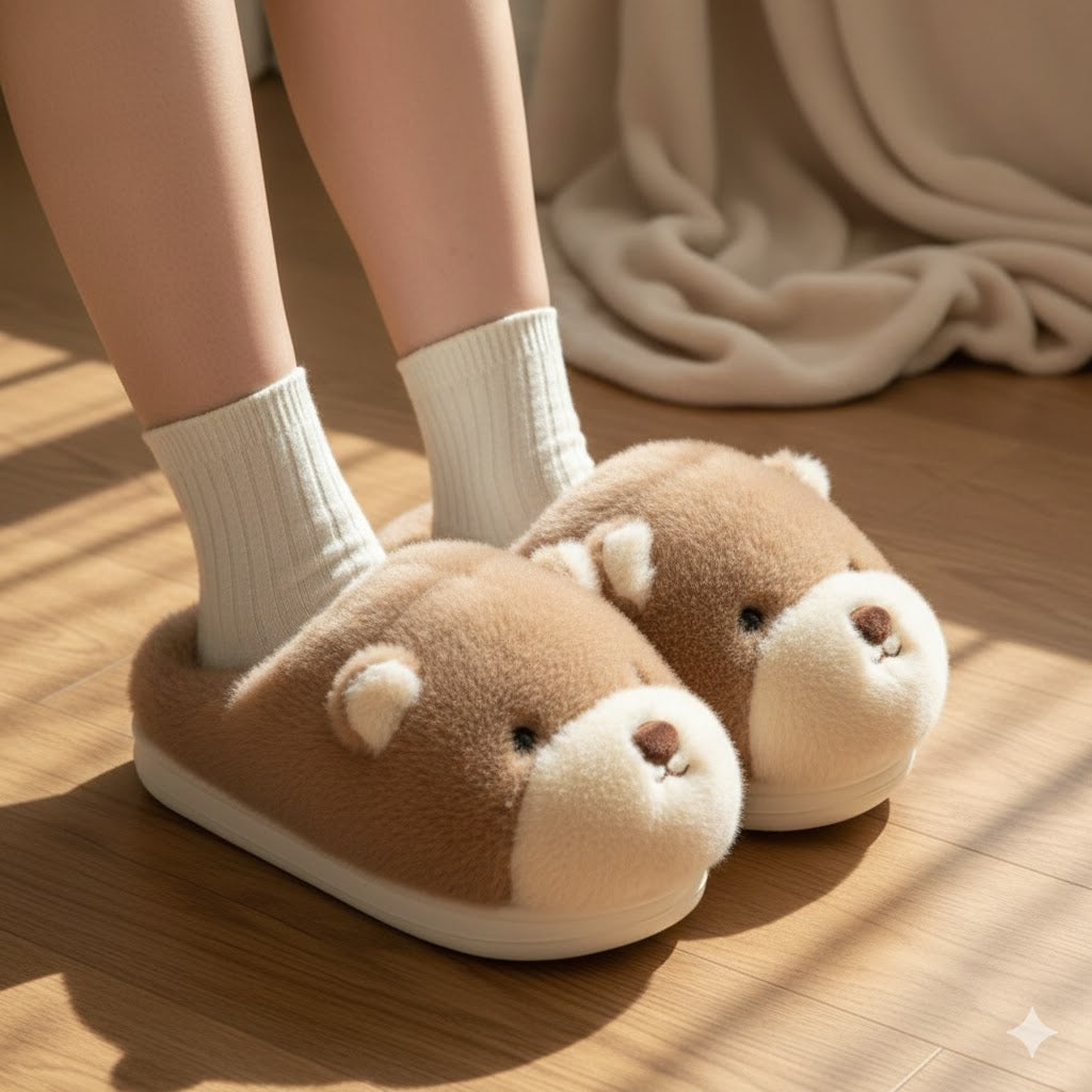 Cozy Bear Plush Slippers — 3D Cute Winter Indoor Warm Home Footwear