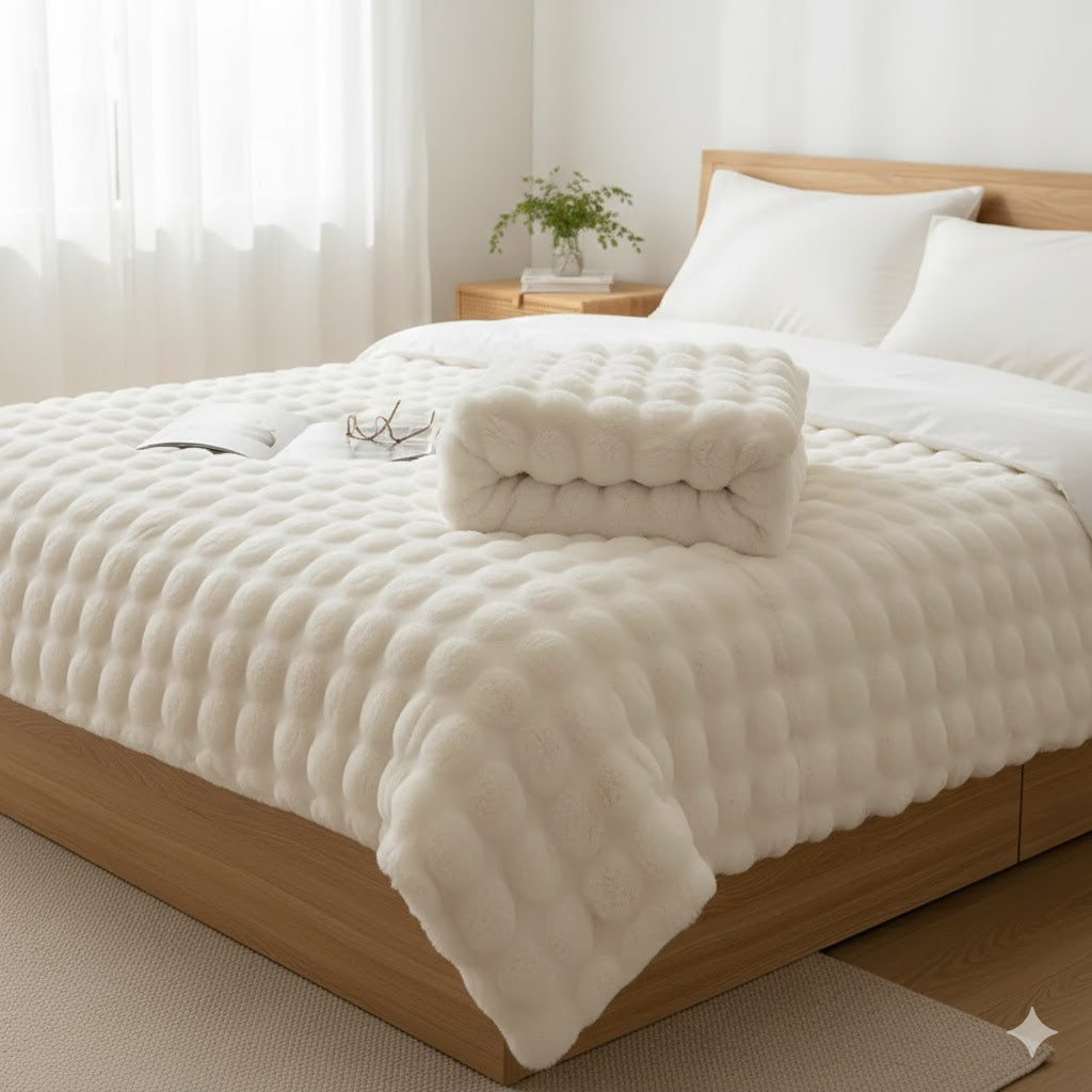 Luxury Bubble Fleece Throw – Ultra-Soft Faux Rabbit Fur Blanket for Couch & Bed