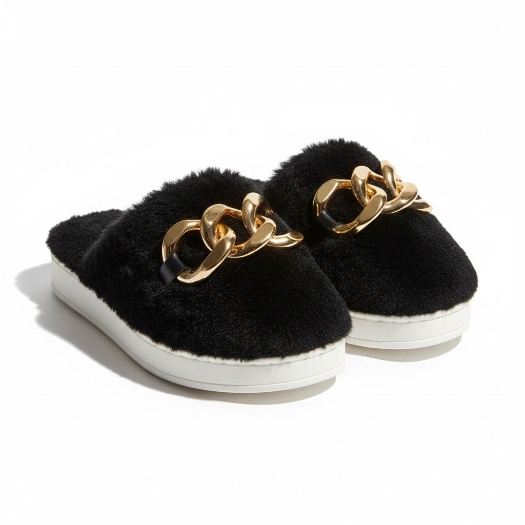 Plush Chain Slip-On Warm Home Slippers — Soft, Stylish & Ultra-Comfortable