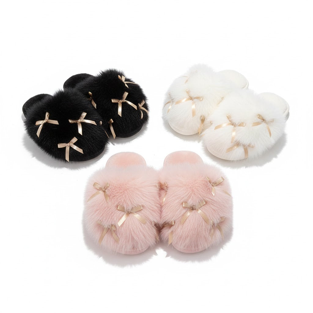 Fluffy Bow Home Slippers – Ultra-Soft Winter Indoor Slides (Non-Slip & Cozy)