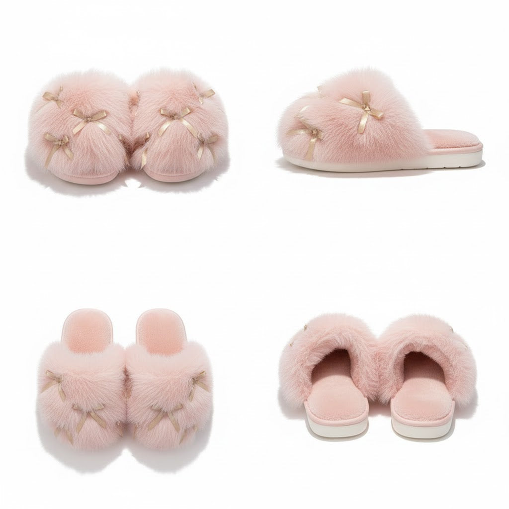 Fluffy Bow Home Slippers – Ultra-Soft Winter Indoor Slides (Non-Slip & Cozy)