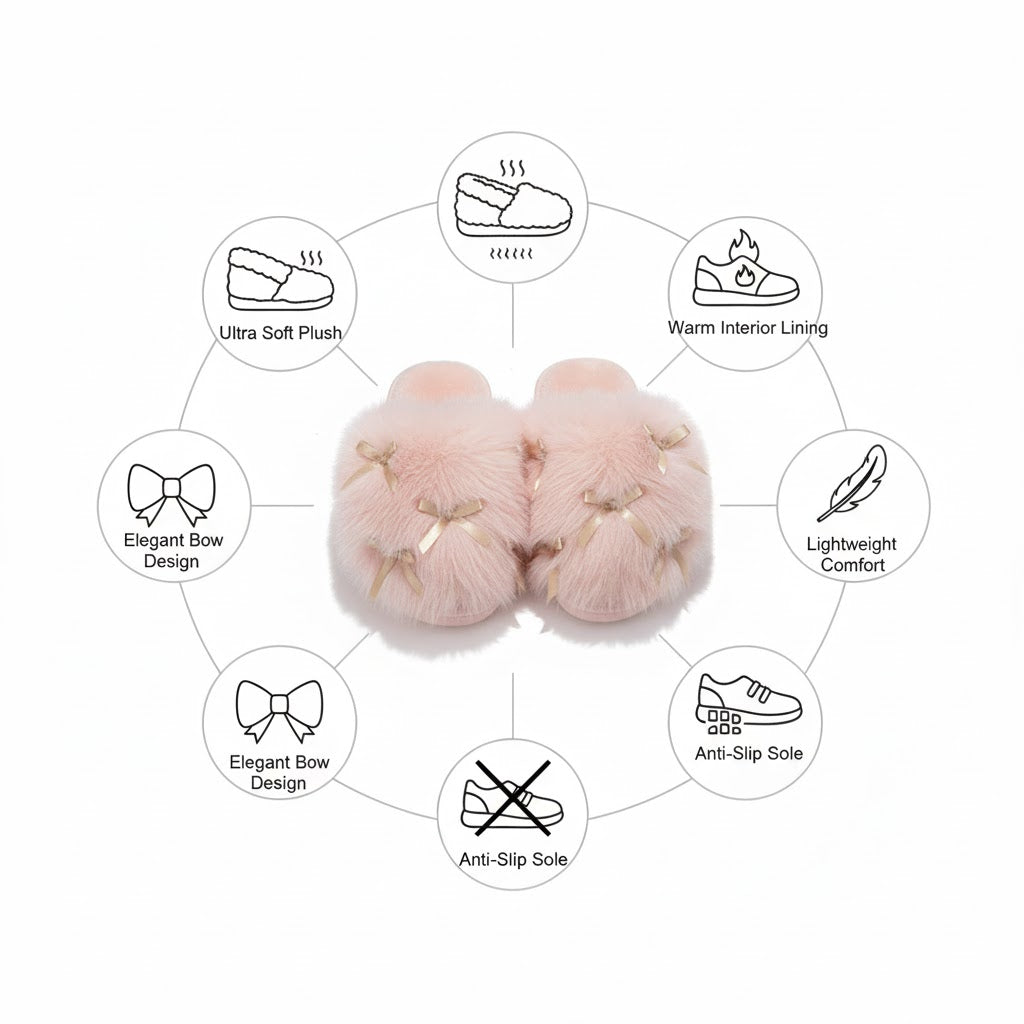 Fluffy Bow Home Slippers – Ultra-Soft Winter Indoor Slides (Non-Slip & Cozy)