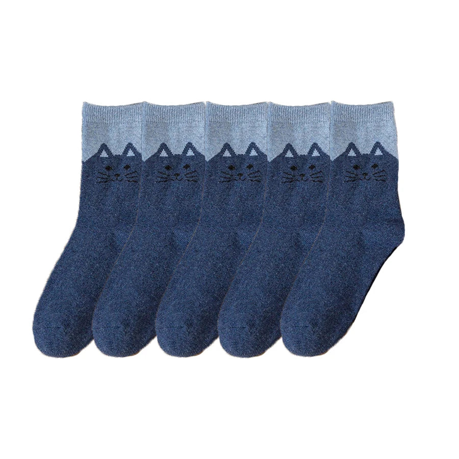 5-Pair Cozy Winter Cat Knit Socks – Thick Warm Wool Blend | Cute Mid-Calf Women’s Socks