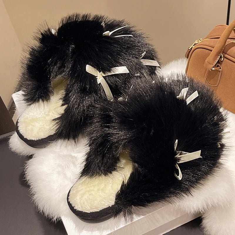 Fluffy Bow Home Slippers – Ultra-Soft Winter Indoor Slides (Non-Slip & Cozy)