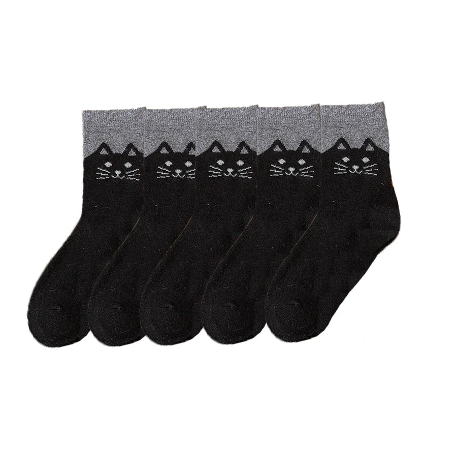 5-Pair Cozy Winter Cat Knit Socks – Thick Warm Wool Blend | Cute Mid-Calf Women’s Socks