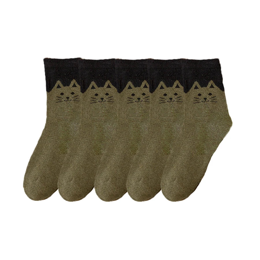 5-Pair Cozy Winter Cat Knit Socks – Thick Warm Wool Blend | Cute Mid-Calf Women’s Socks