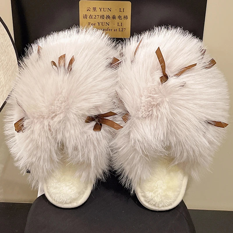 Fluffy Bow Home Slippers – Ultra-Soft Winter Indoor Slides (Non-Slip & Cozy)