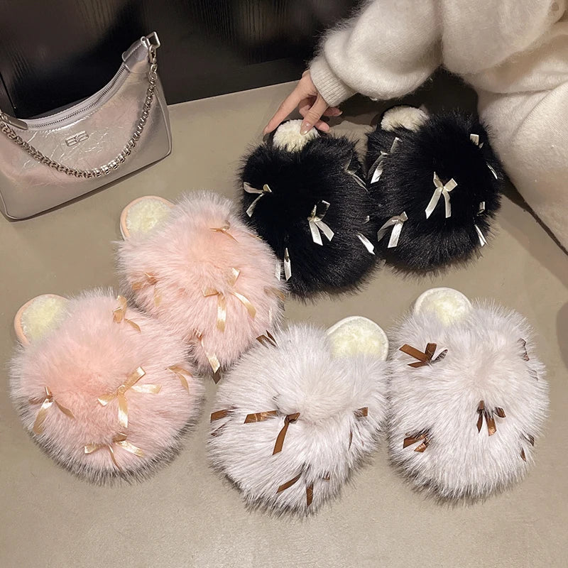 Fluffy Bow Home Slippers – Ultra-Soft Winter Indoor Slides (Non-Slip & Cozy)