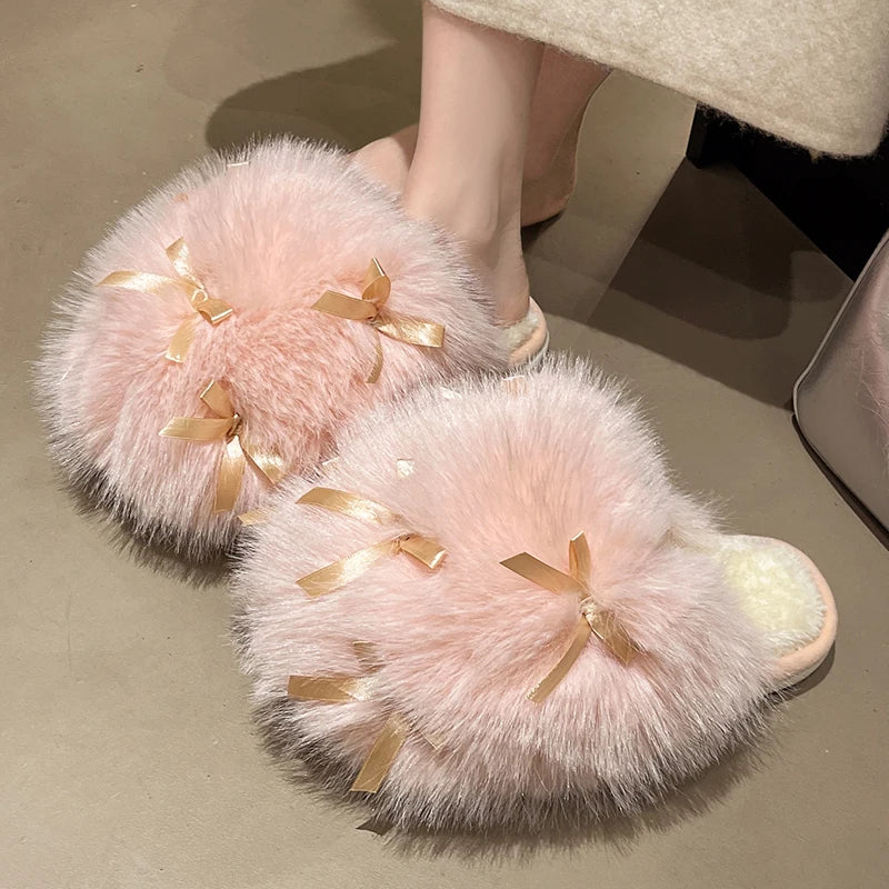 Fluffy Bow Home Slippers – Ultra-Soft Winter Indoor Slides (Non-Slip & Cozy)