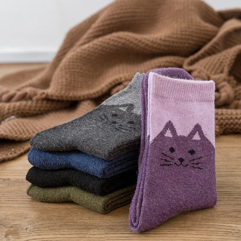 5-Pair Cozy Winter Cat Knit Socks – Thick Warm Wool Blend | Cute Mid-Calf Women’s Socks