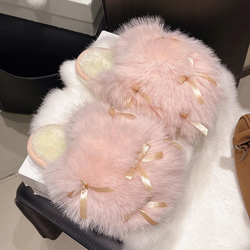 Fluffy Bow Home Slippers – Ultra-Soft Winter Indoor Slides (Non-Slip & Cozy)