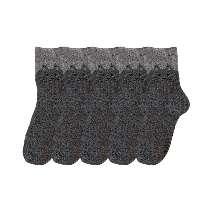 5-Pair Cozy Winter Cat Knit Socks – Thick Warm Wool Blend | Cute Mid-Calf Women’s Socks