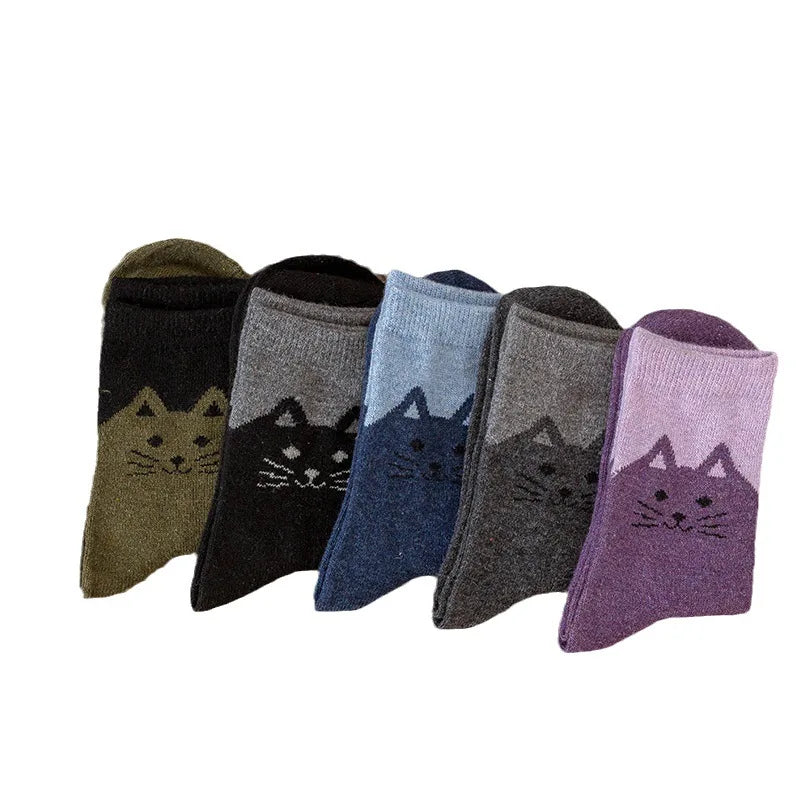5-Pair Cozy Winter Cat Knit Socks – Thick Warm Wool Blend | Cute Mid-Calf Women’s Socks