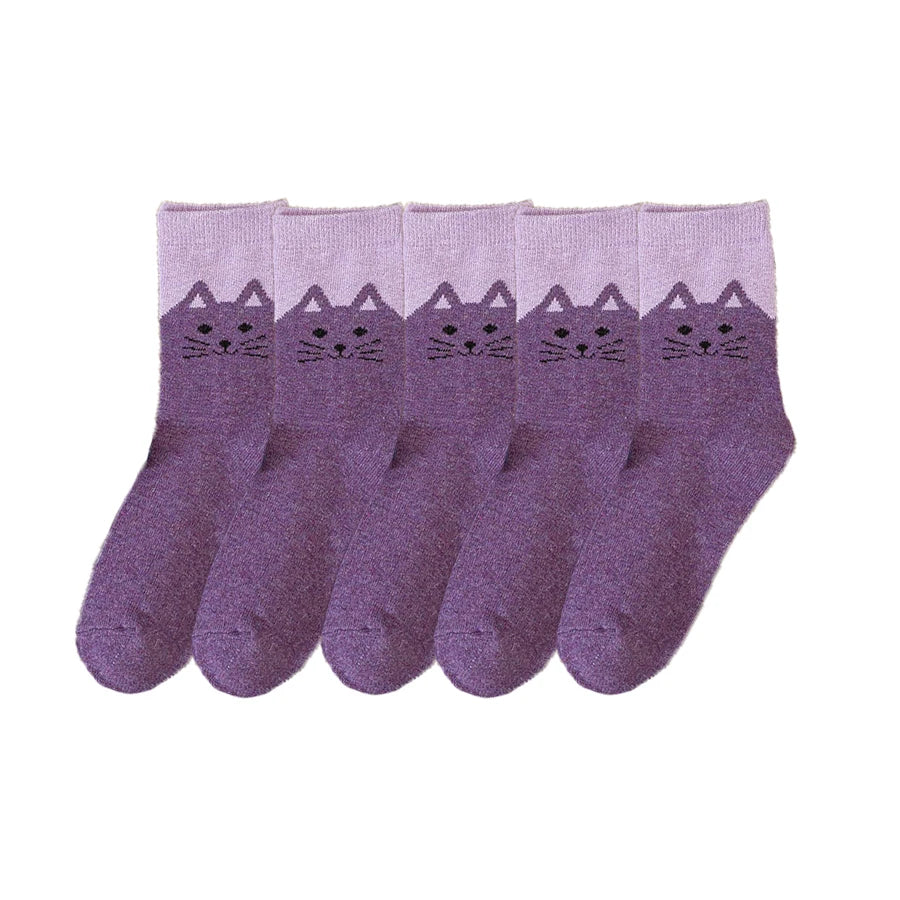 5-Pair Cozy Winter Cat Knit Socks – Thick Warm Wool Blend | Cute Mid-Calf Women’s Socks