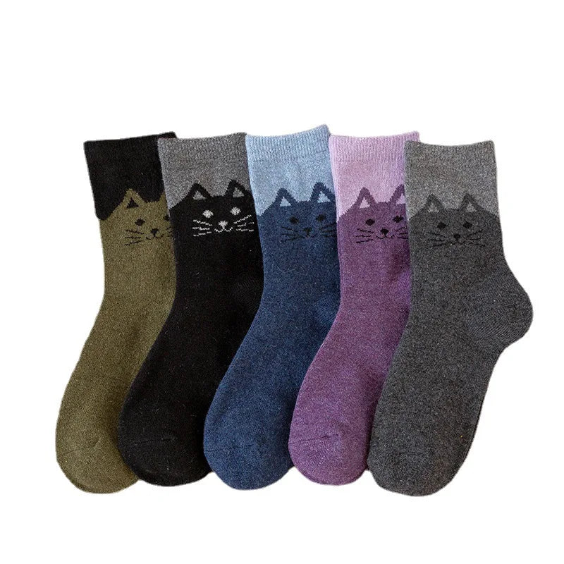 5-Pair Cozy Winter Cat Knit Socks – Thick Warm Wool Blend | Cute Mid-Calf Women’s Socks