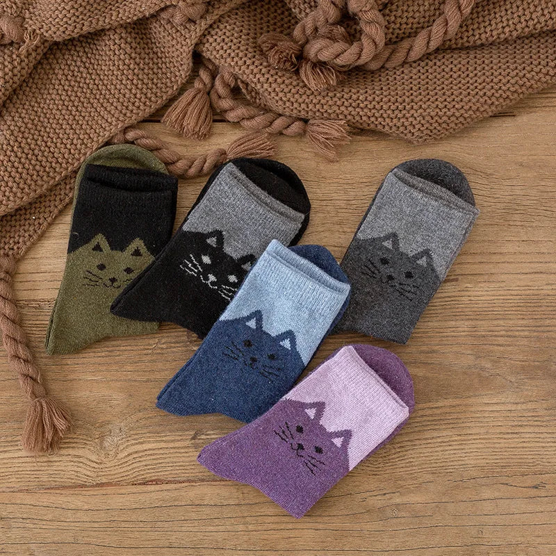 5-Pair Cozy Winter Cat Knit Socks – Thick Warm Wool Blend | Cute Mid-Calf Women’s Socks